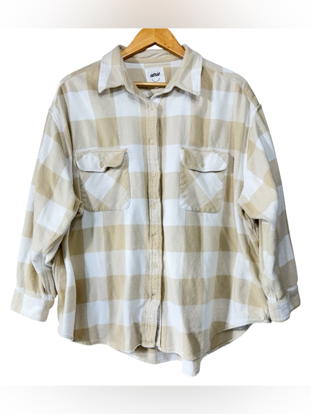 Aerie Oversized Plaid Flannel Button-Up Shirt Beige White Long Sleeve Women's XL